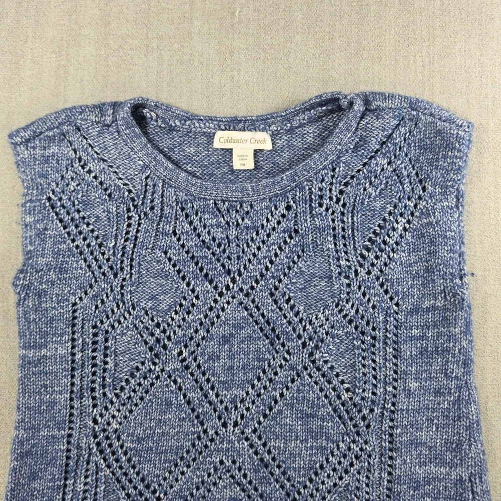 Coldwater Creek Sweater‎ Vest Women PM Blue Pointelle Diamond Knit Cotton Blend